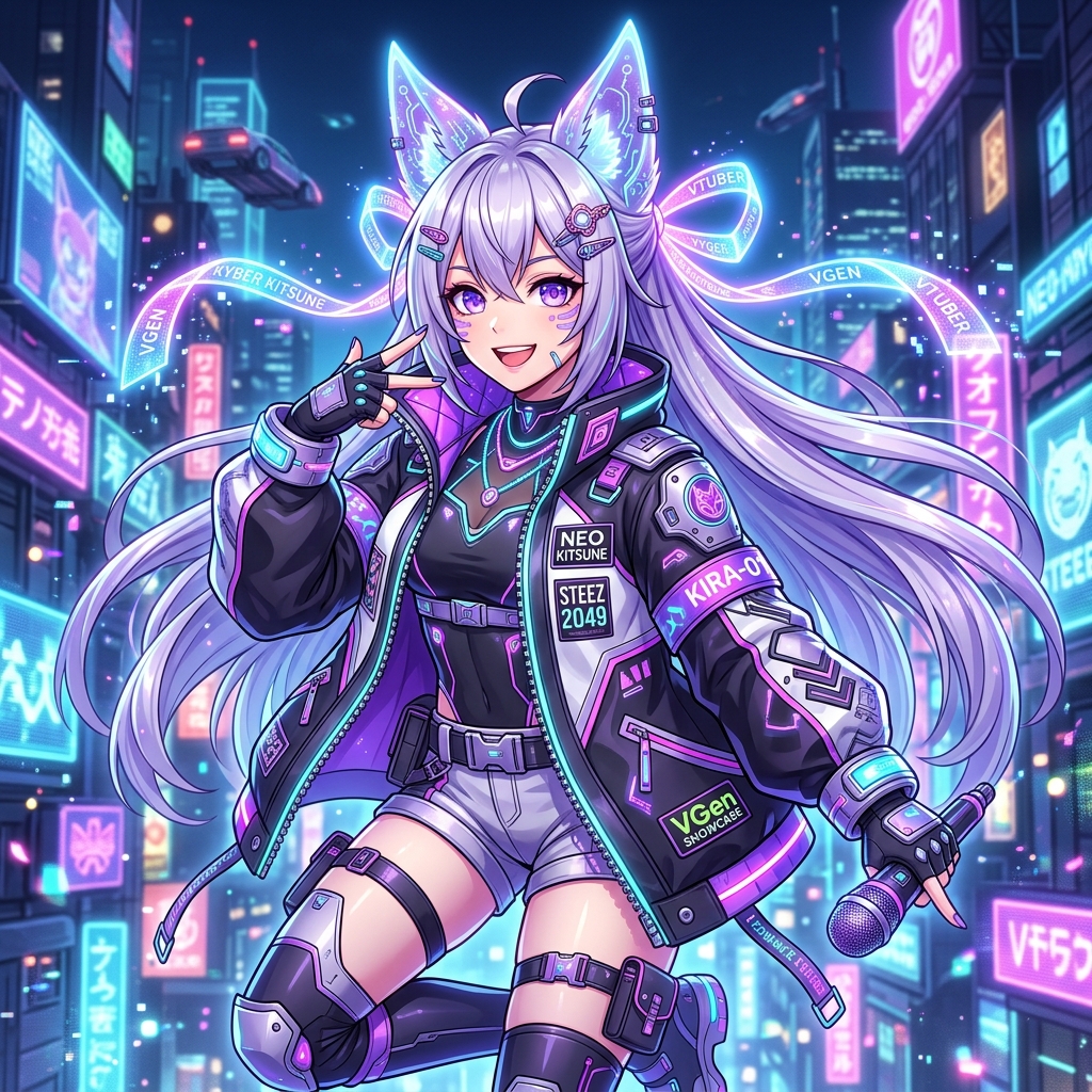 Cyber Kitsune VTuber Model Illustration